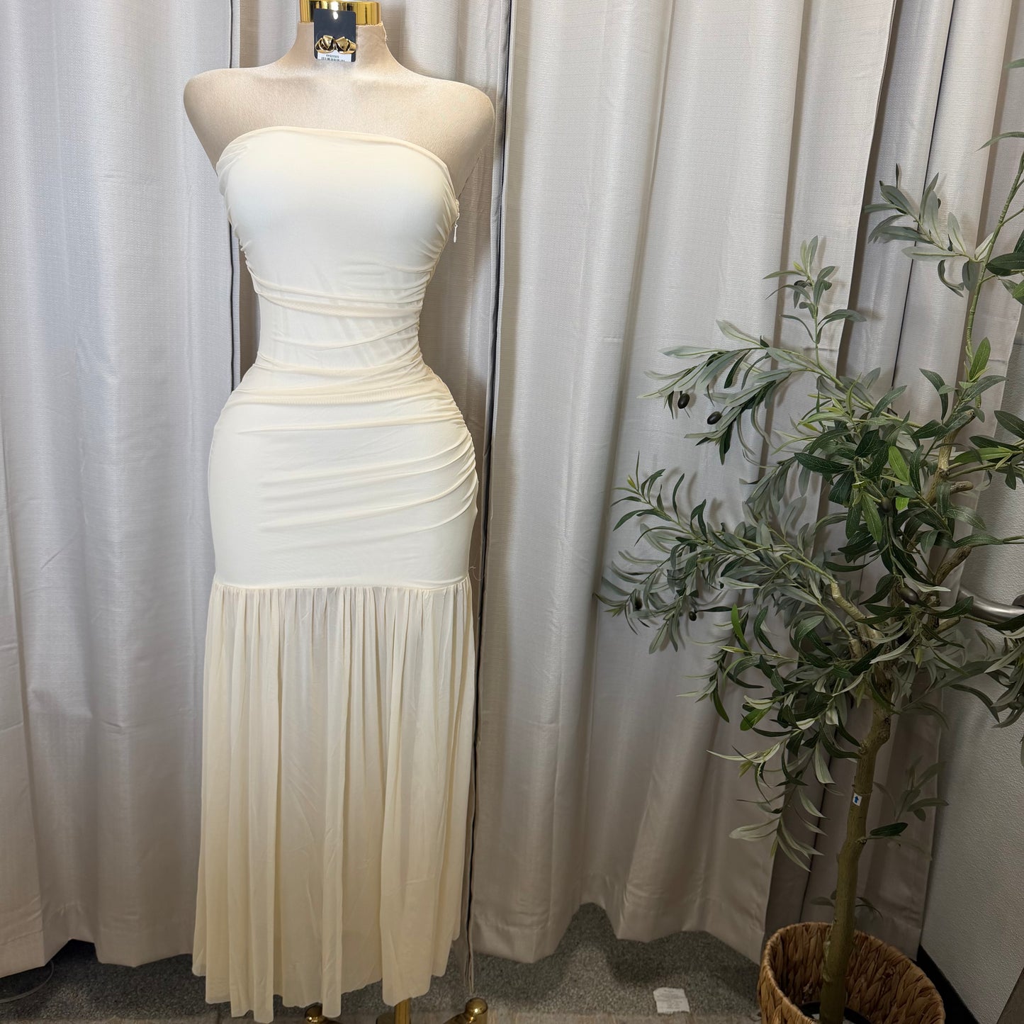 STRAPLESS RUCHED BODICE DROP WAIST MAXI DRESS-Cream