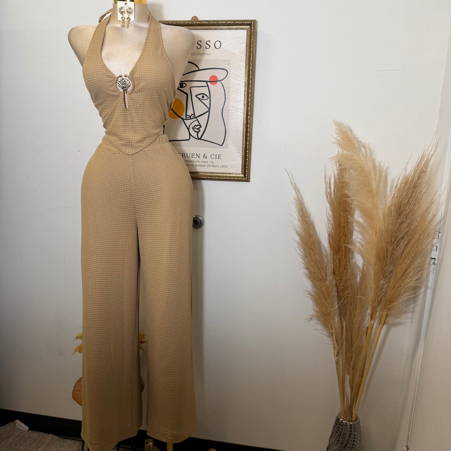 Waffle Knit Seashell Trim Top Wide leg Pant Set-Taupe