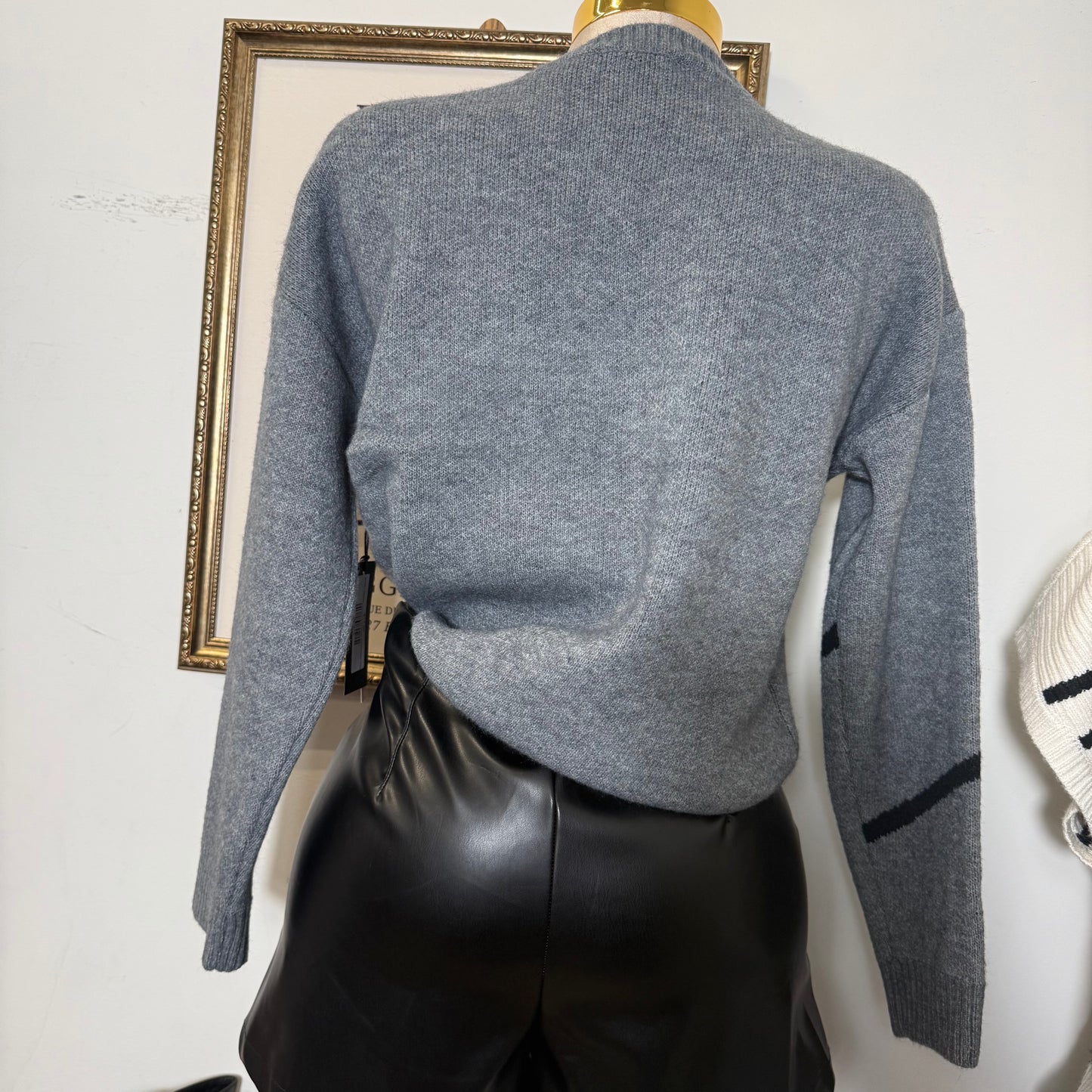 Ribbon Jacquard Sweater Top-Heather Grey