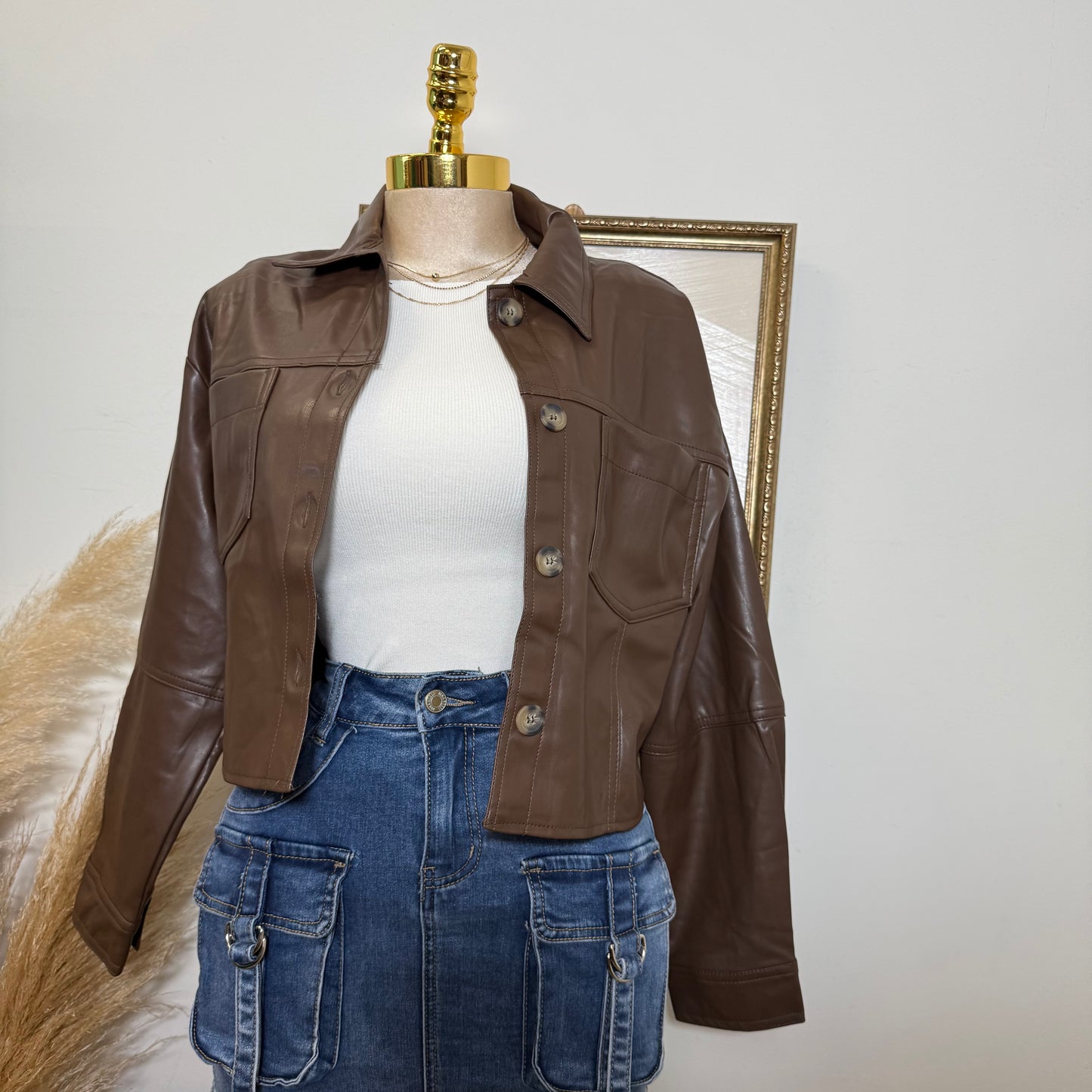 Pu Faux Leather Cropped Jacket-Brown