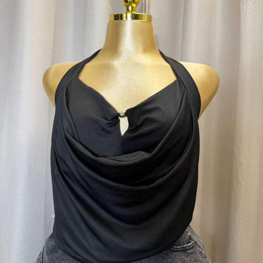PL-Halter neck cowl top-Black