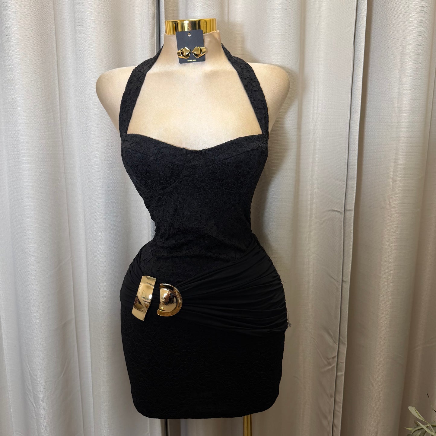Halter Lace Gold Detail Mini Dress-Black