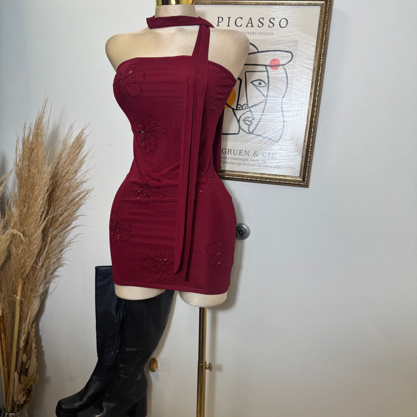Tube Mini Dress With Scarf-Burgundy