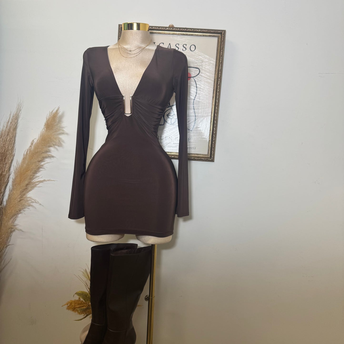 Long Sleeve Plunging Mini Dress-Brown