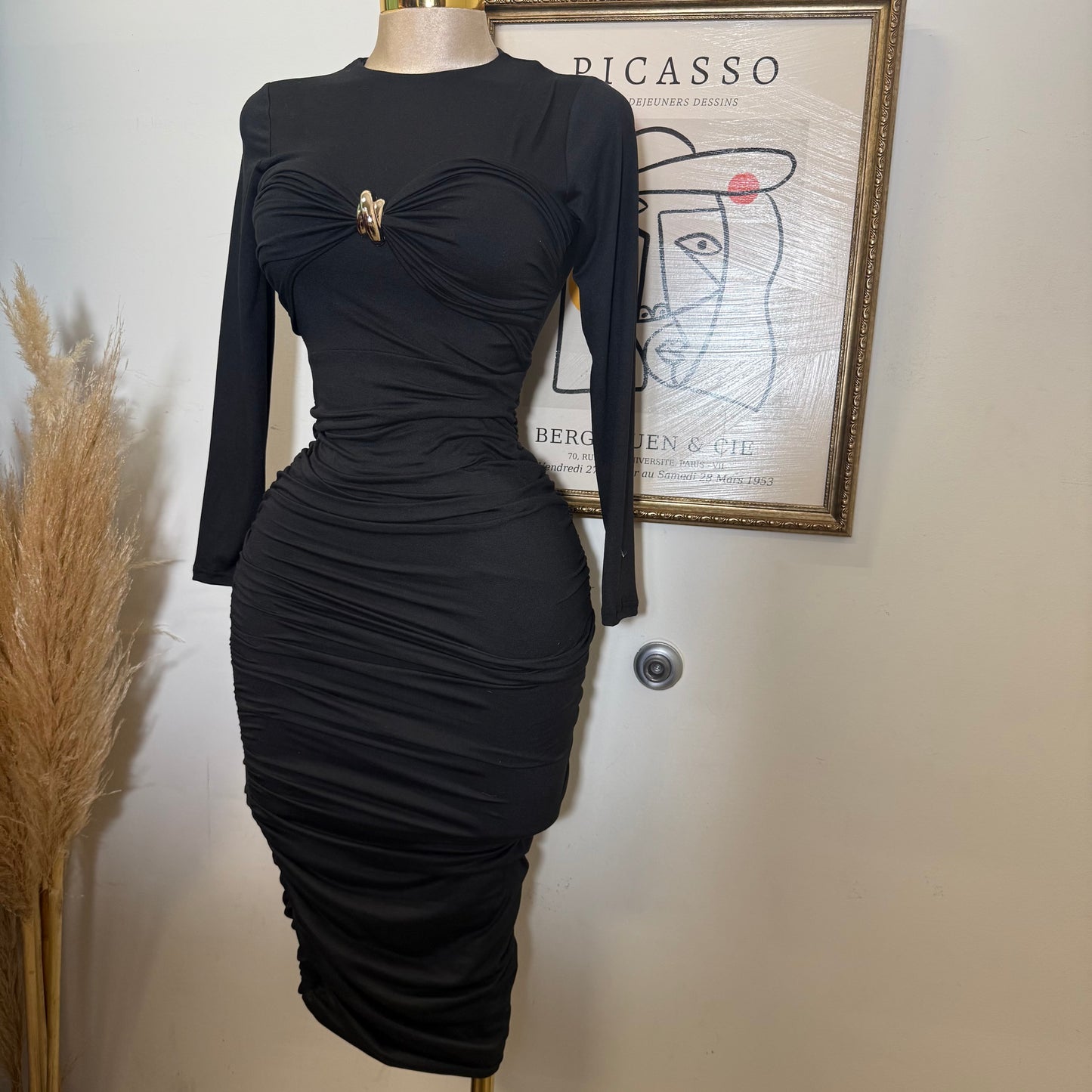 Long Sleeve Double Layered Midi Dress-Black