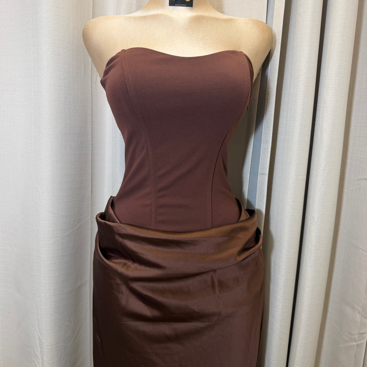 Satin Strapless Sweetheart Neckline Cowl Hip lace Maxi Dress-Brown