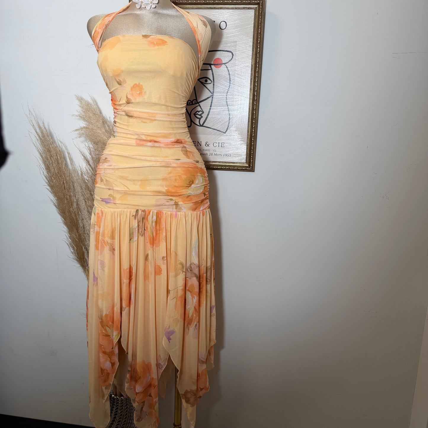 Printed Mesh Strapless Ruched Asymmetric maxi Dress-Peach Orange