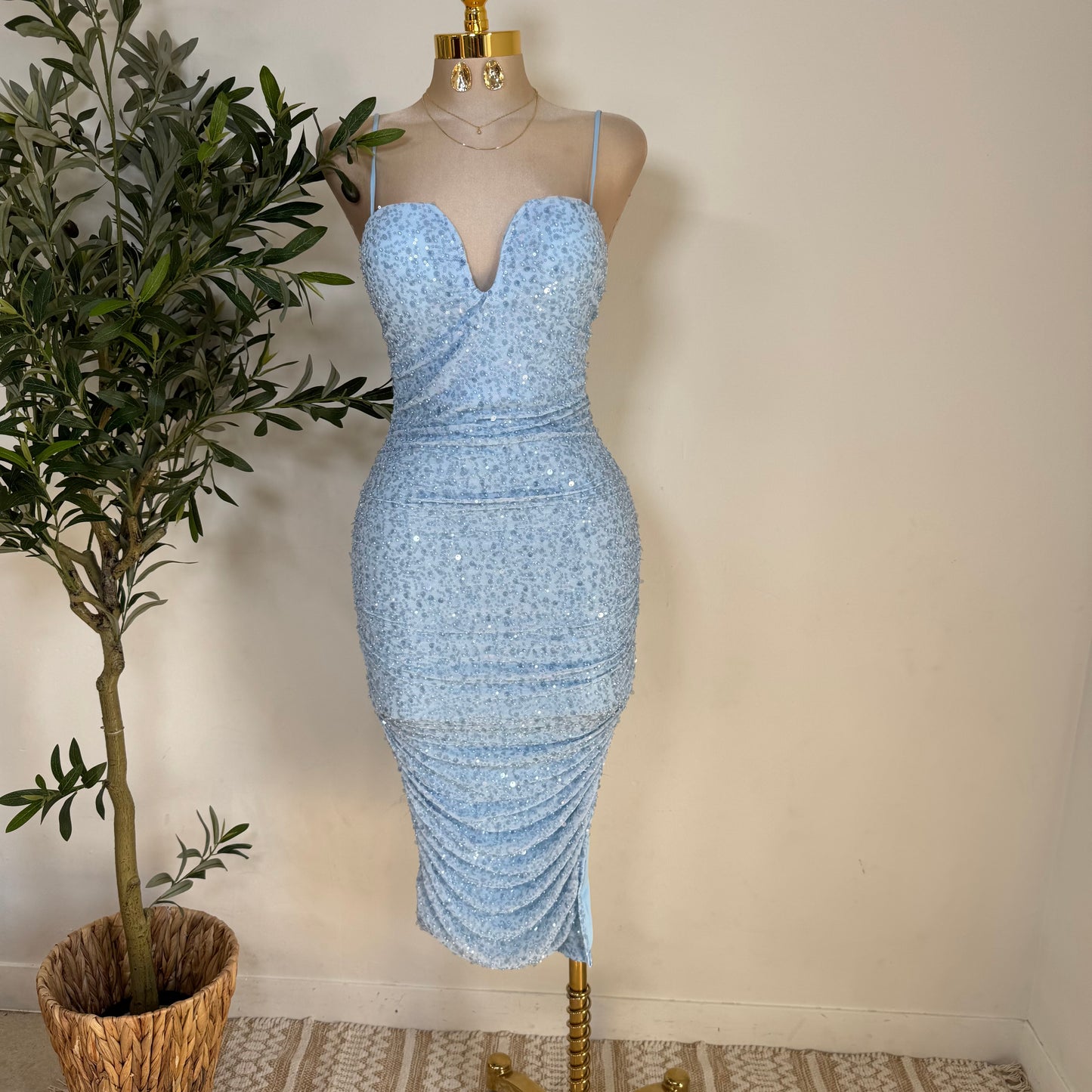 Bead and Sequin Ruched Midi dress-Blue