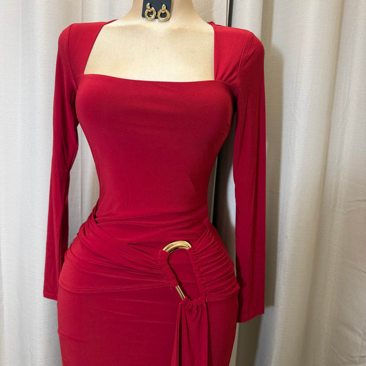 Square Neck Gold Trim Midi Dress-Burgundy