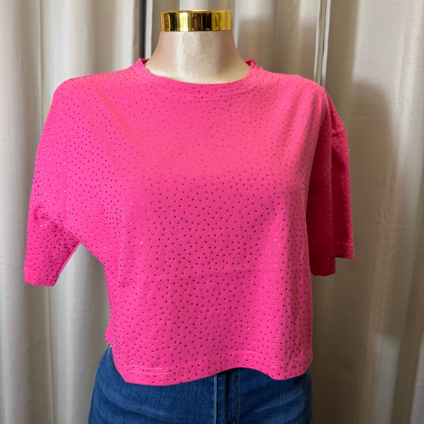 Rhinestone Crop Top-Pink Fuchsia