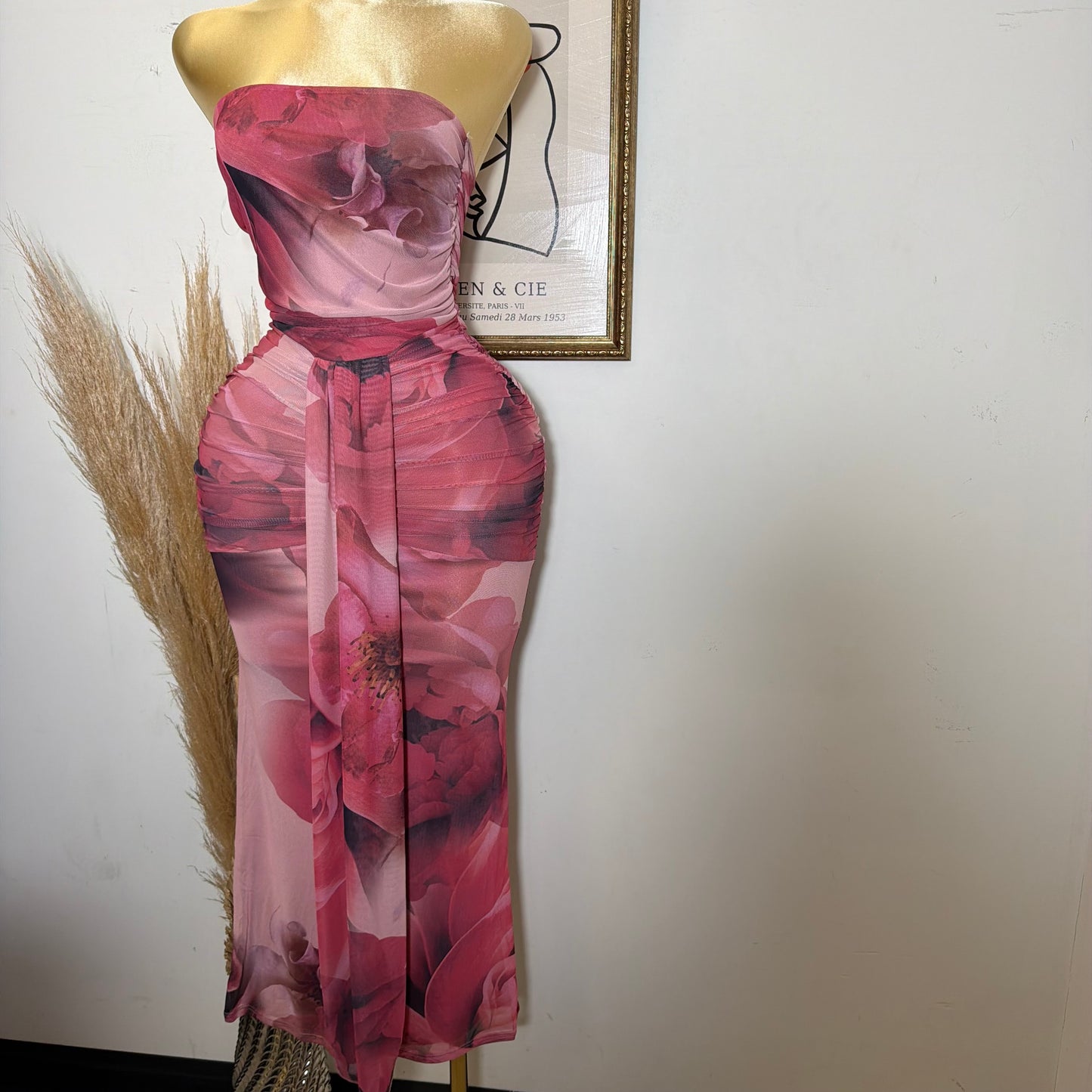 Big Flower Mesh Maxi Tube Dress-Magenta Combo