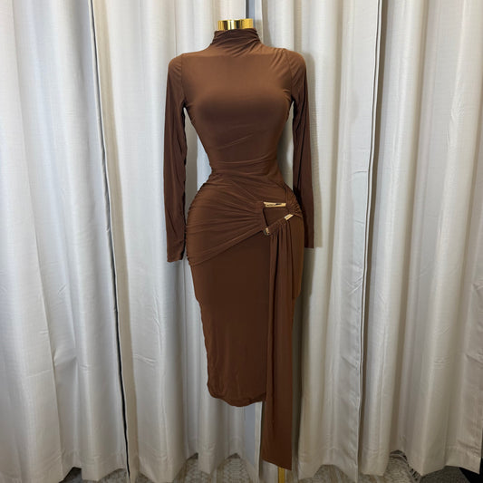 Long sleeve  Solid Double Layer Front Sash Midi Dress-Brown