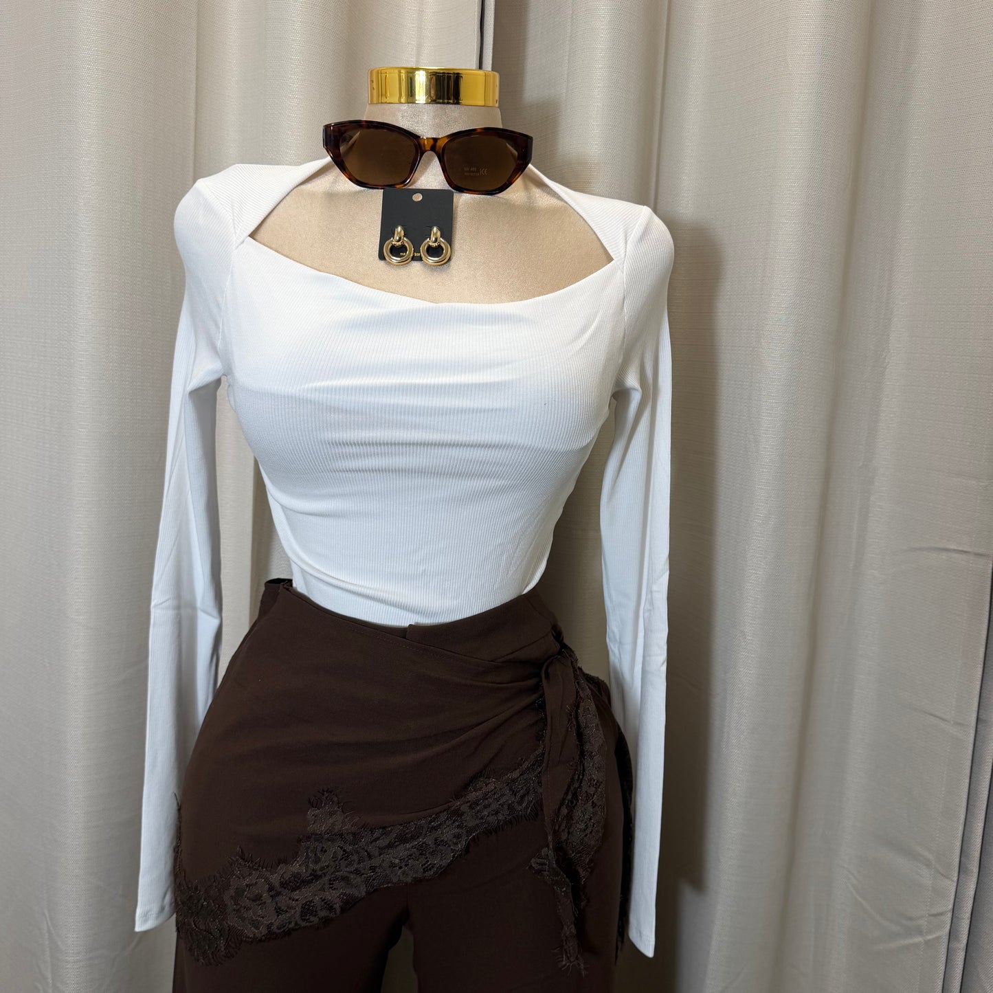 Long sleeve square neck Top-white