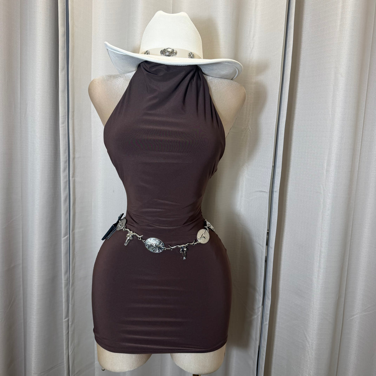 Sleeveless Halter Cowl Neckline Mini Dress-Brown