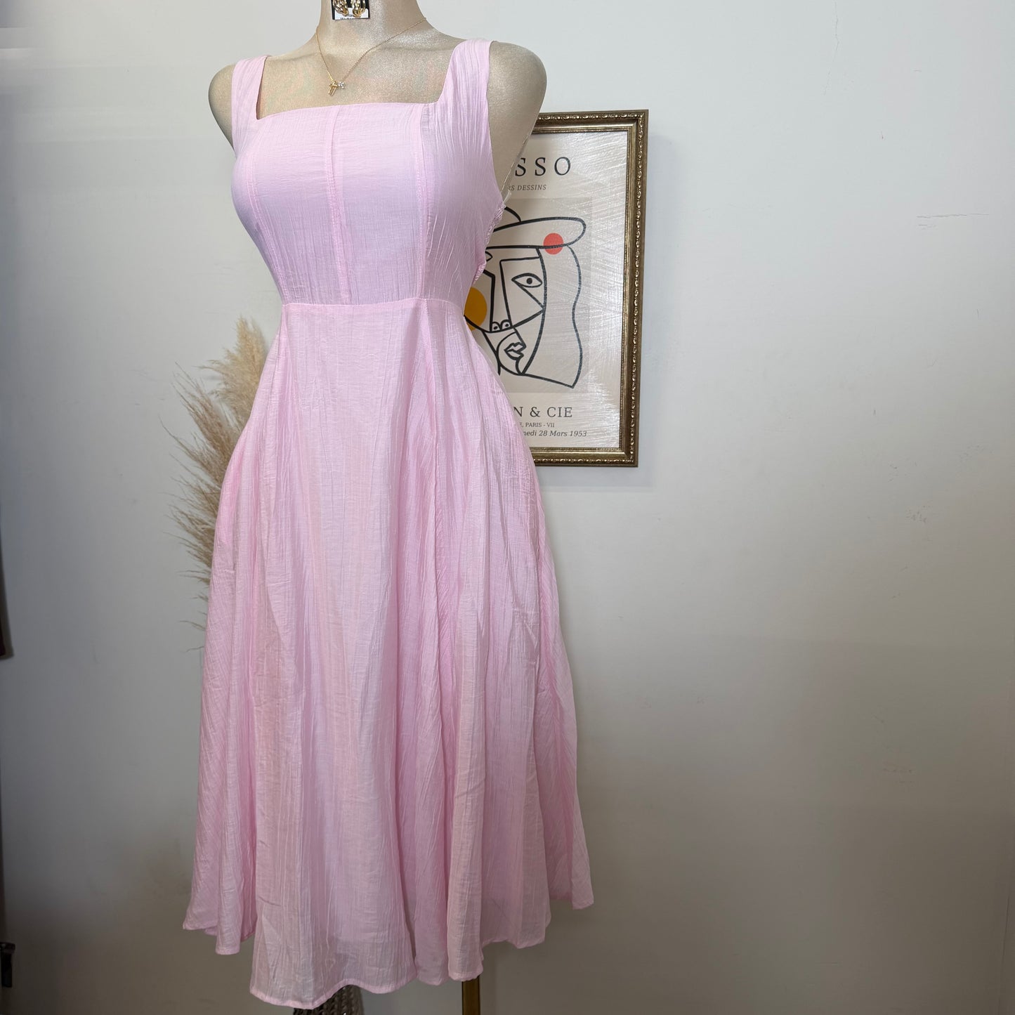Square Neck Midi Dress-Pink