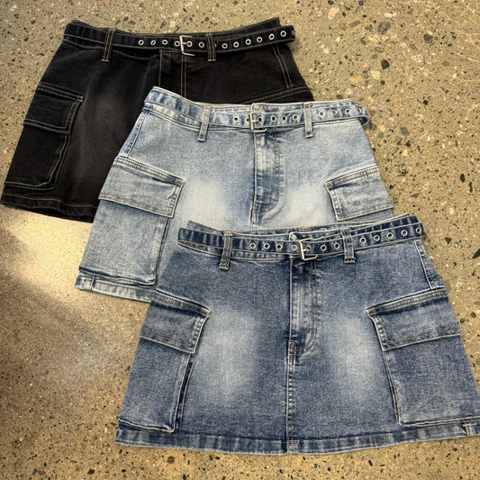 Cargo Belt Mini Skirt-Blue