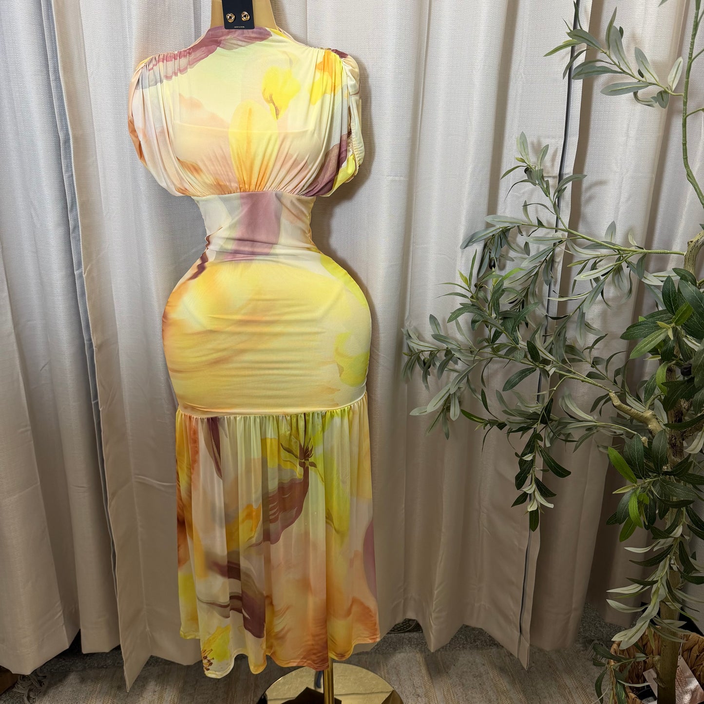 Mesh & Knit Mix Long Dress-Yellow Print