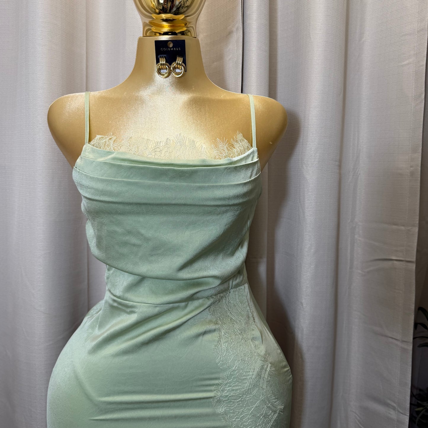 LACE DETAIL SATIN MIDI DRESS-Sage Green