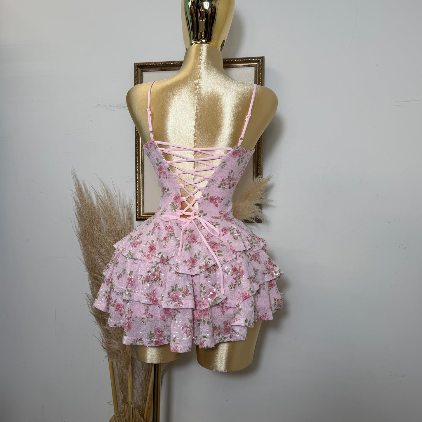 Mesh Flower Print Sequins Ruffle Dress-Pink