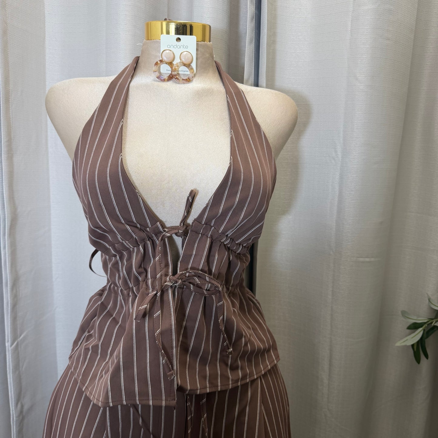 Stripe spaghetti Tie open back Halter Top and pant set