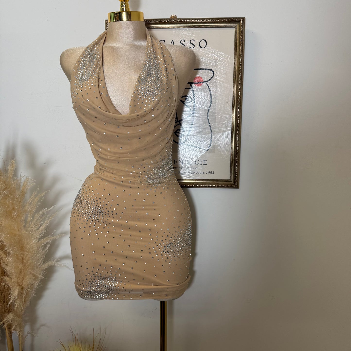 Rhinestone Power Mesh Cowl Neckline Mini Dress Halter Neck Open Back-Nude