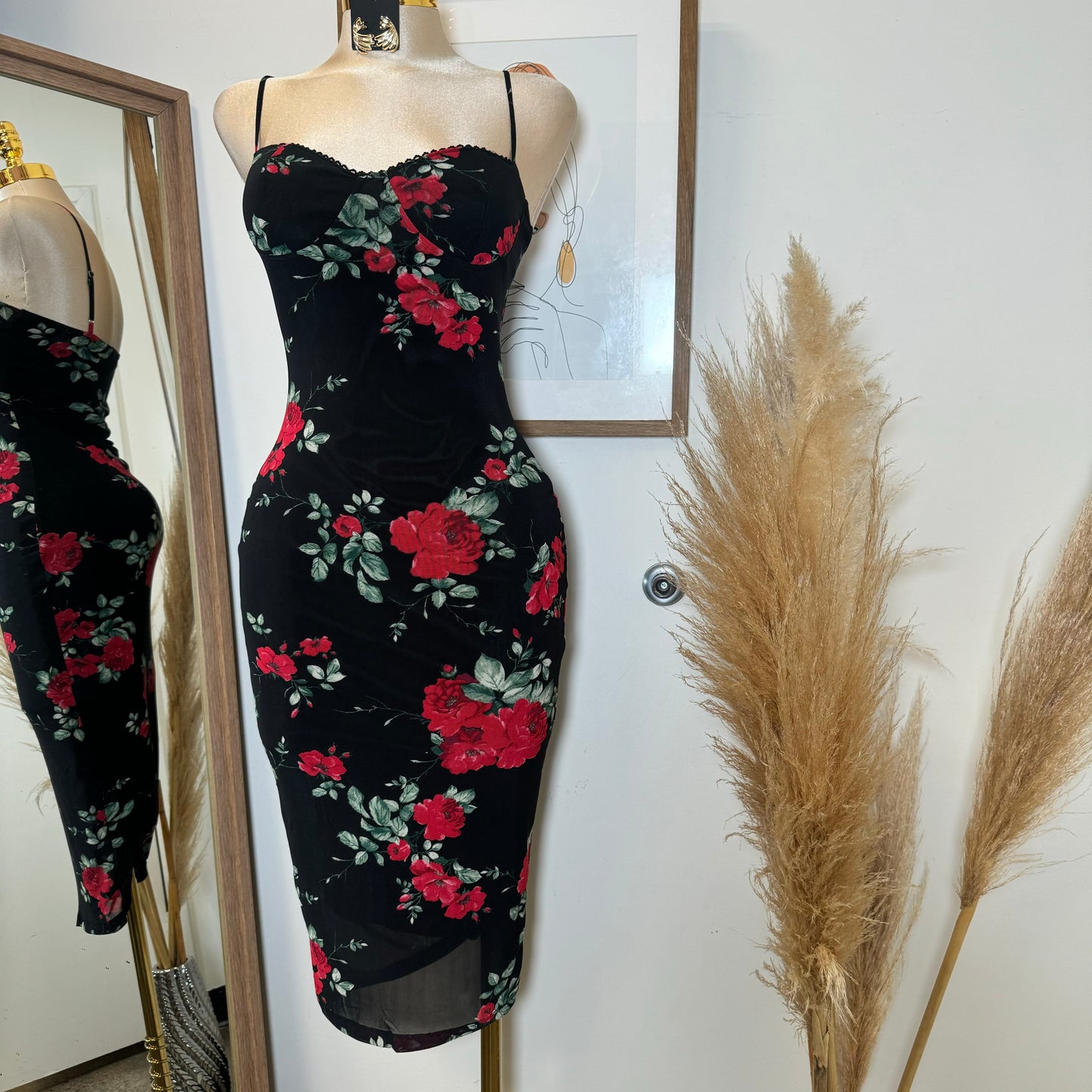 Rose Mesh Spaghetti Dress-Black/Red