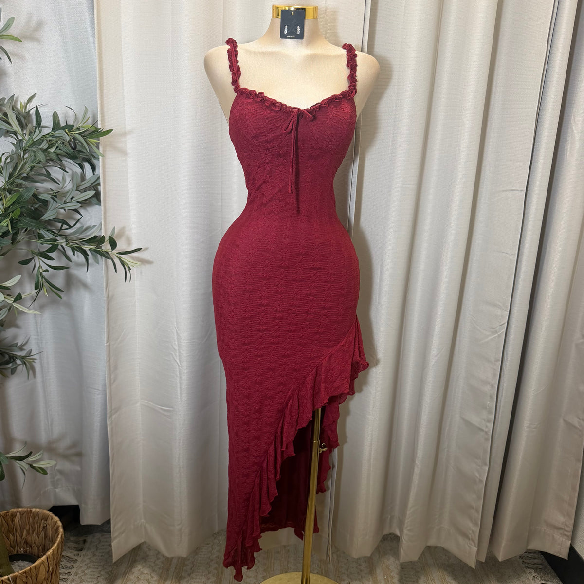 Daisy Asymmetric Skirt Midi Dress-Burgundy