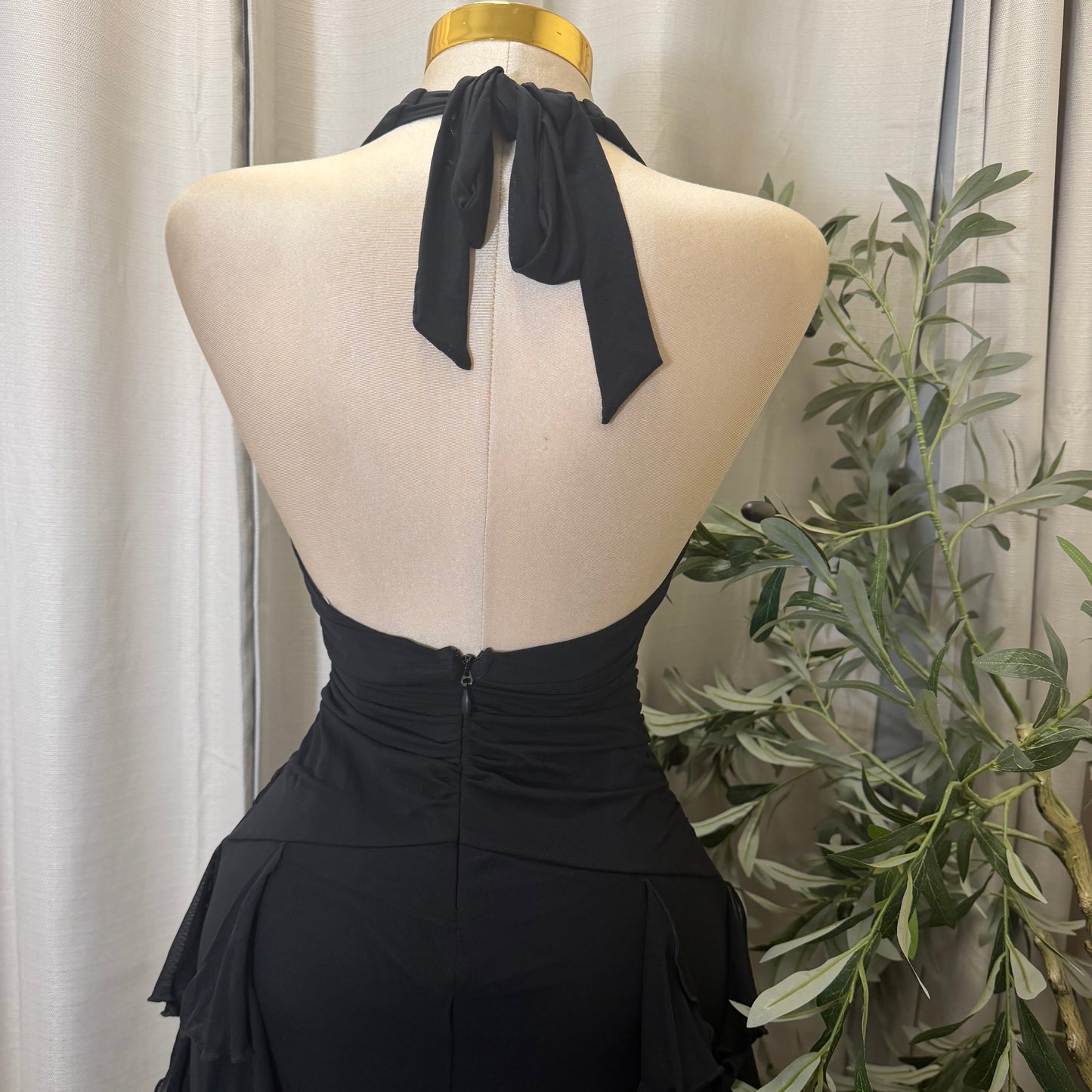 V-NECK HALTER CASCADE RUFFLE MAXI DRESS-Black