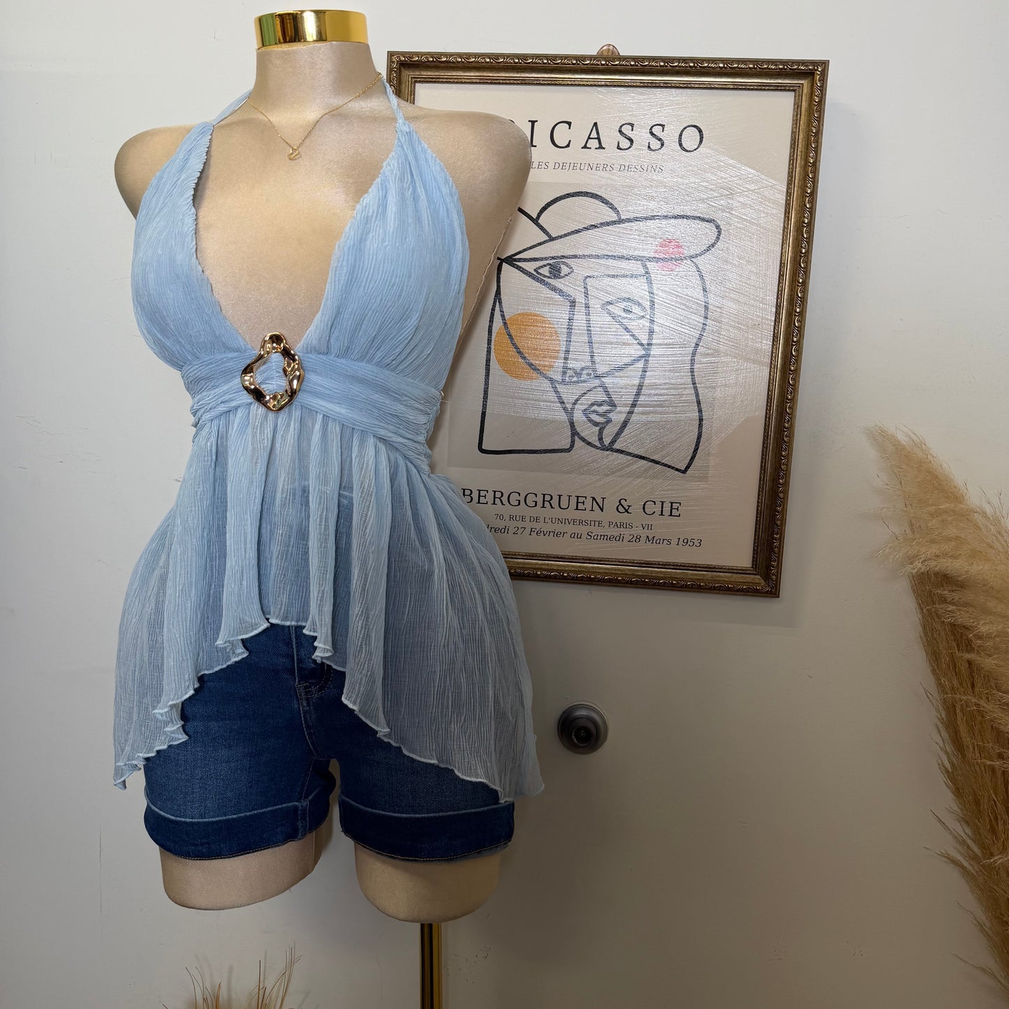Textured Open back Top With Trim-Blue