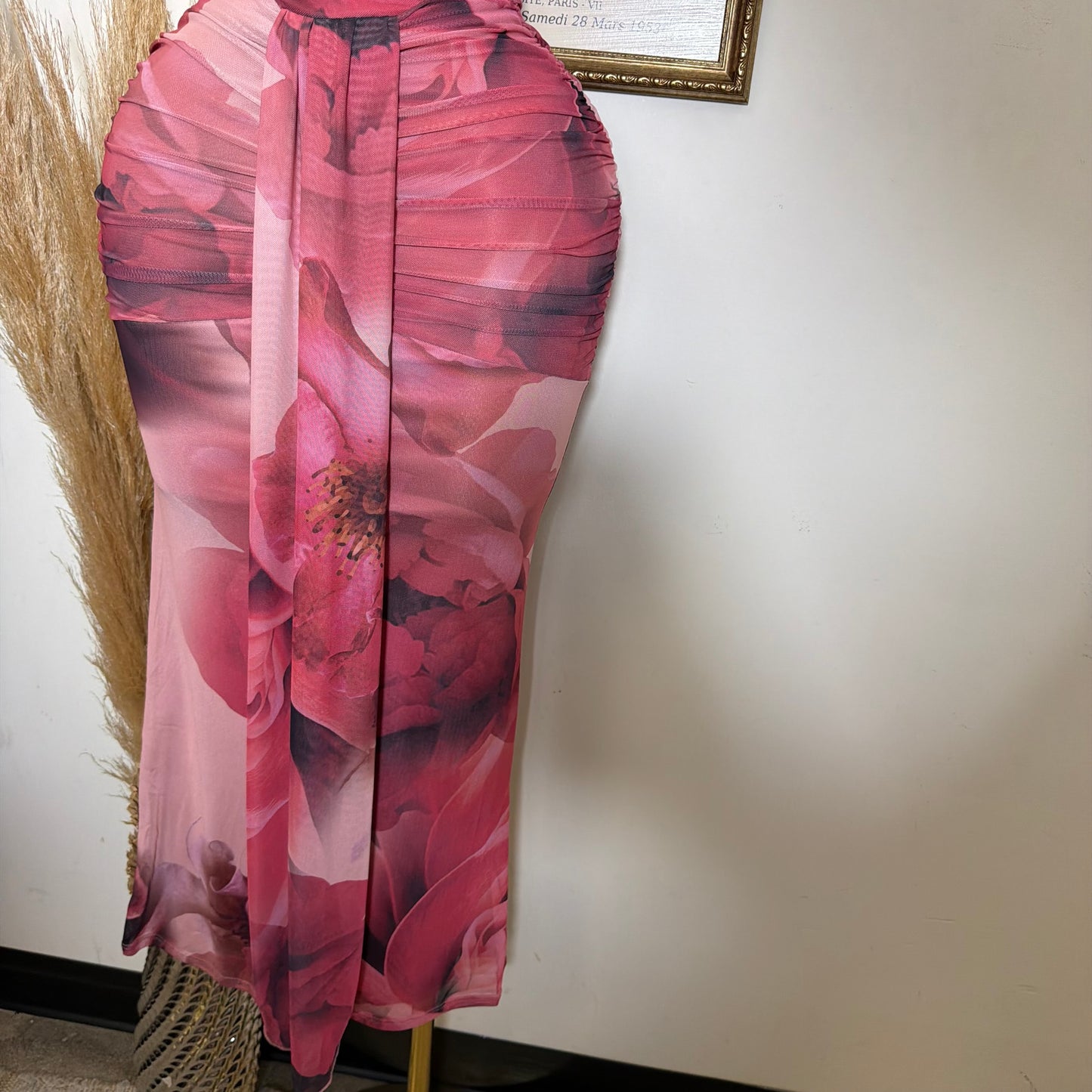 Big Flower Mesh Maxi Tube Dress-Magenta Combo