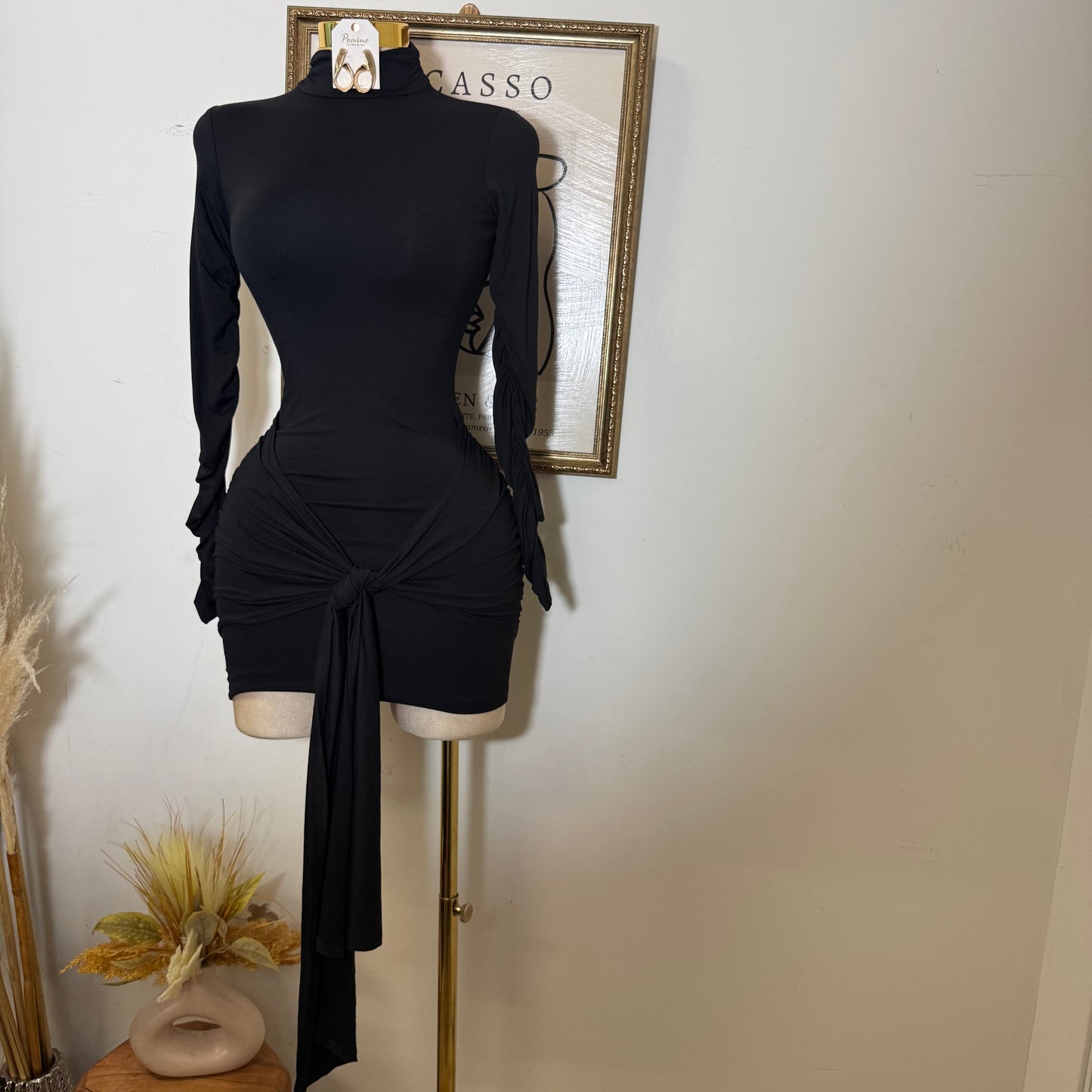 Long Sleeve Front Tie Mini Dress-black