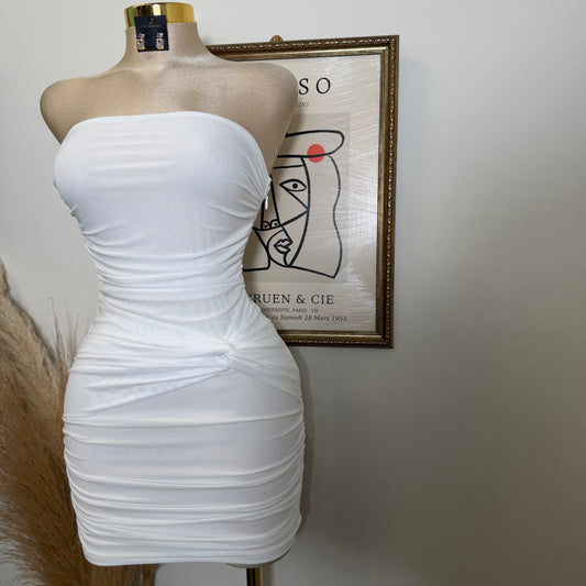 Strapless Ruched Mini Dress-White