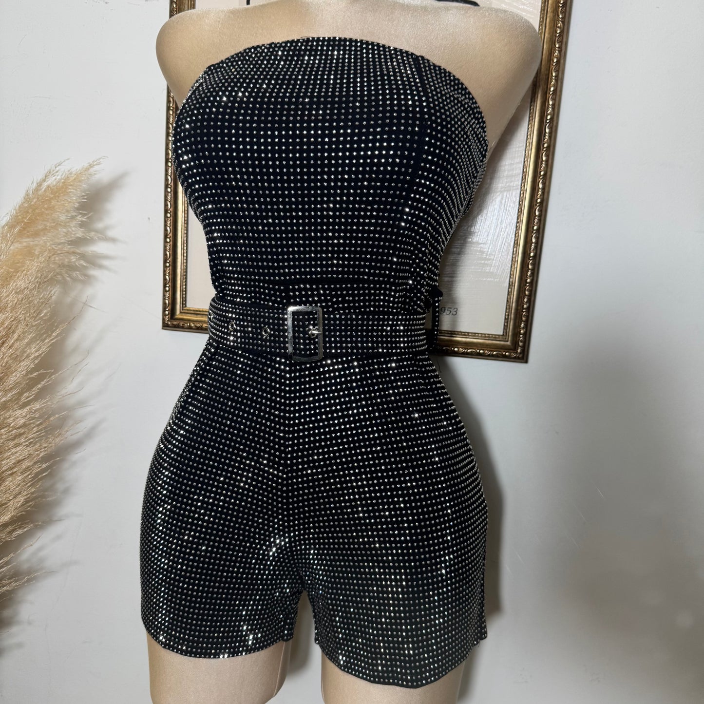 Strapless Rhinestone Romper With Belt-Black