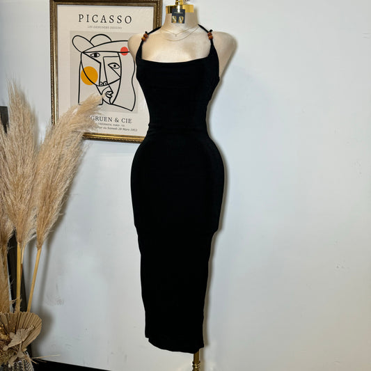 Slinky Cawl Neck Beads Detail Maxi Dress-black