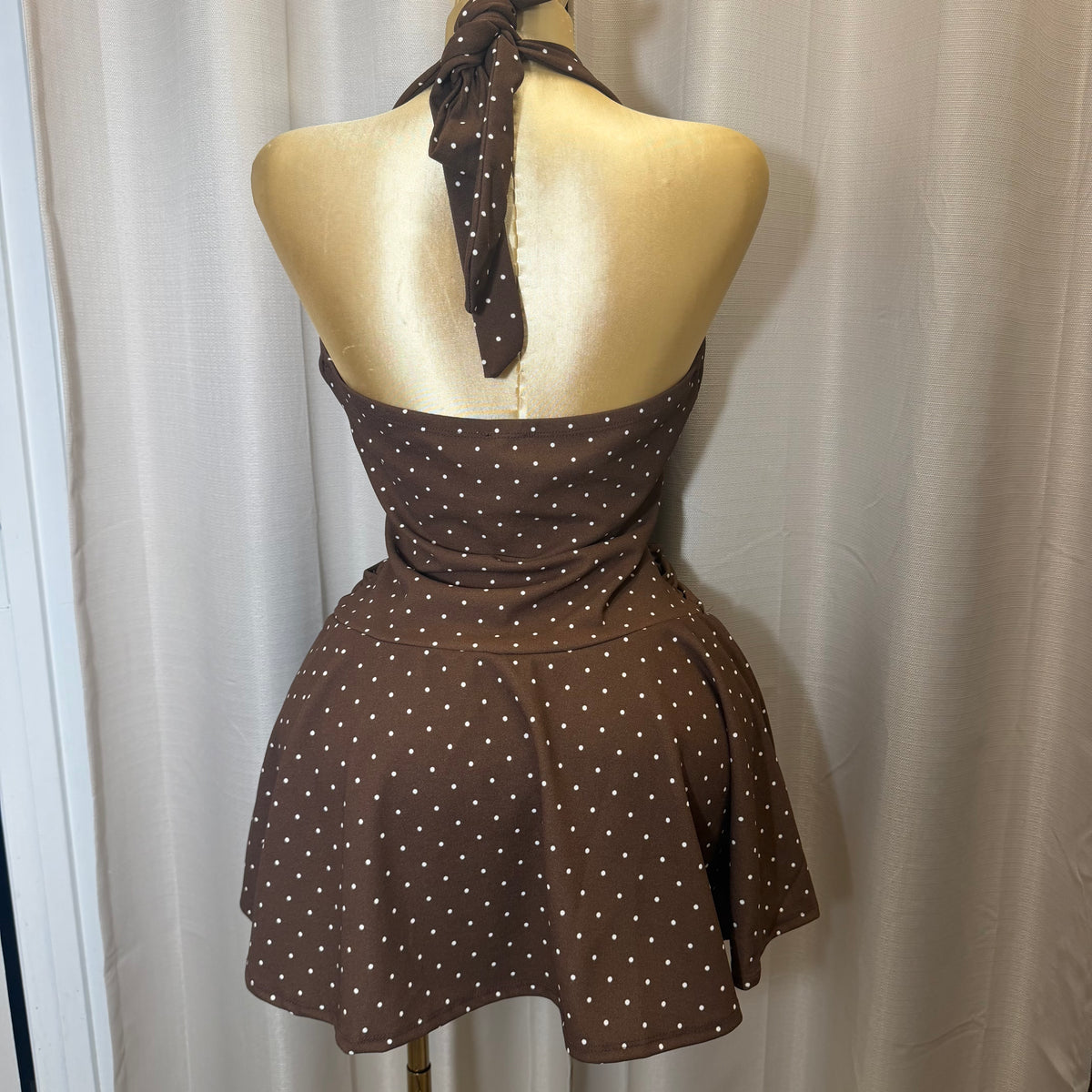 PL-Halter Polka Dot Dress-Brown/White