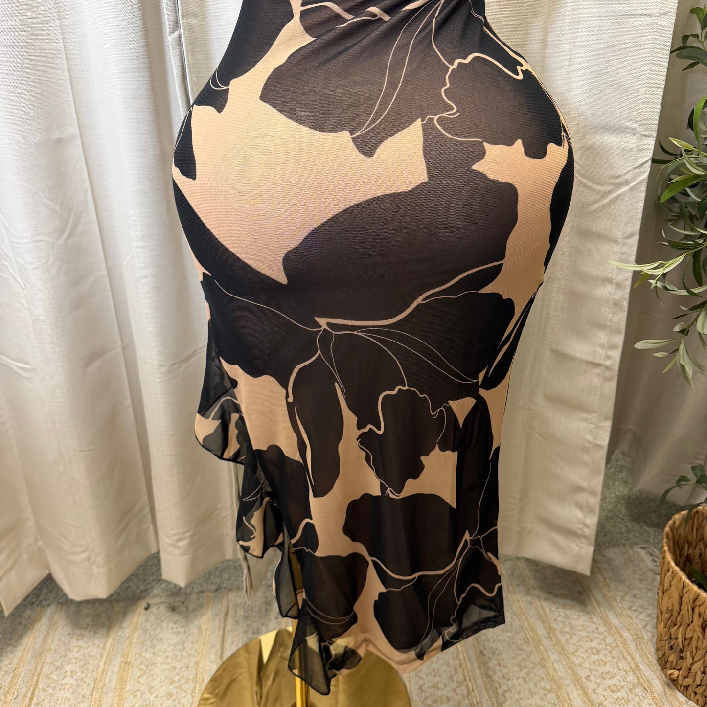 Floral Ruffle Slit Midi Dress-Brown