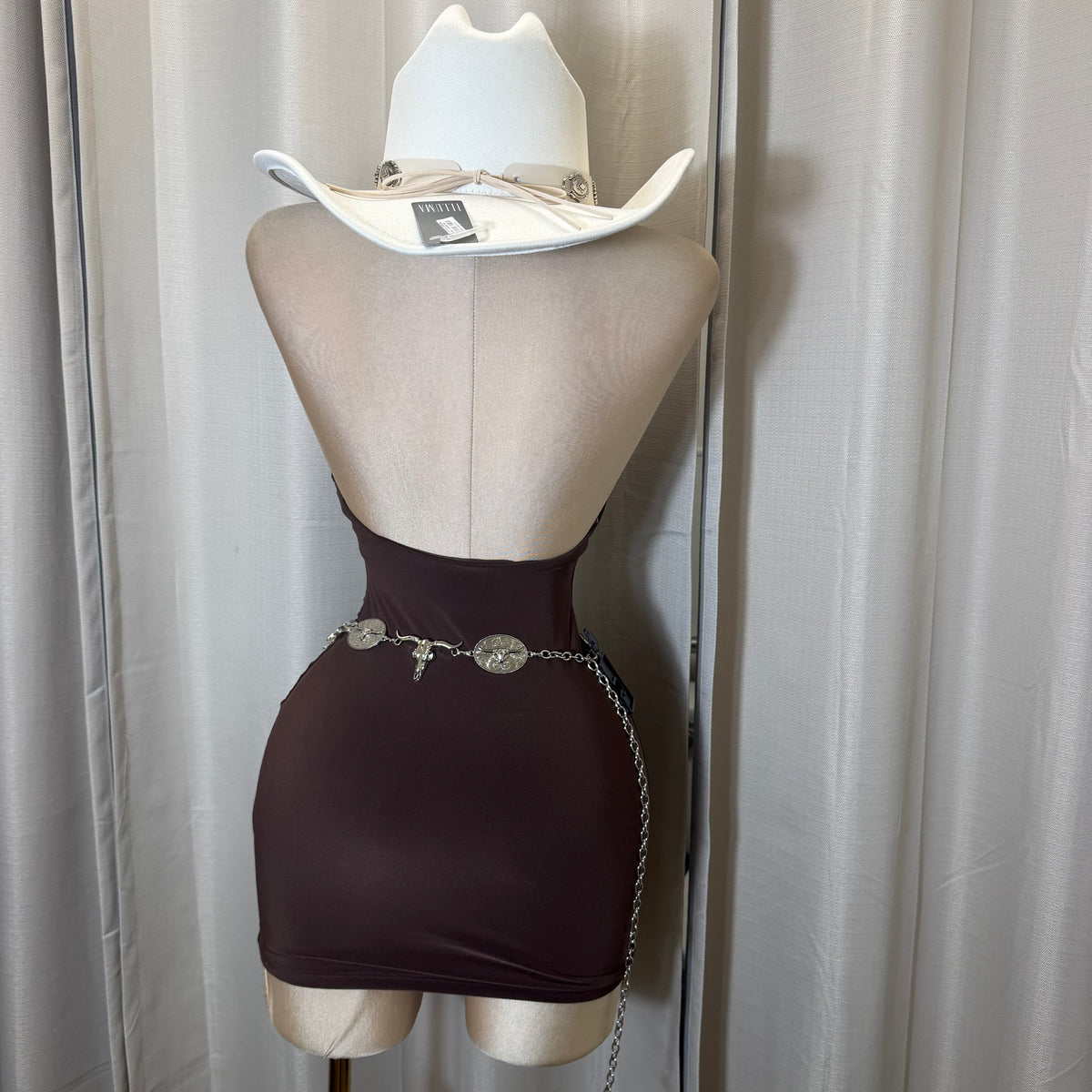 Sleeveless Halter Cowl Neckline Mini Dress-Brown