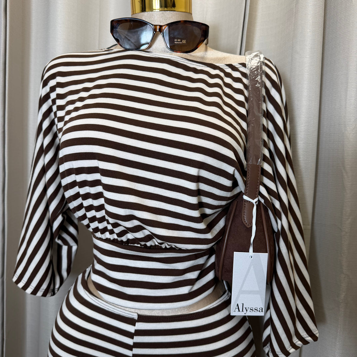 Crop Top Capri stripe set-Chestnut/Off white