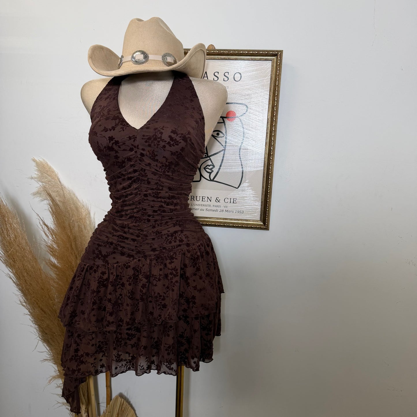Halter Flower Print Dress-Brown