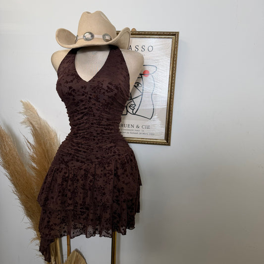 Halter Flower Print Dress-Brown