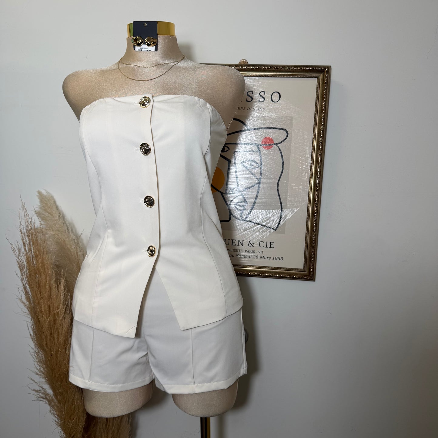 Strapless Gold Button Top Short Set-Ivory