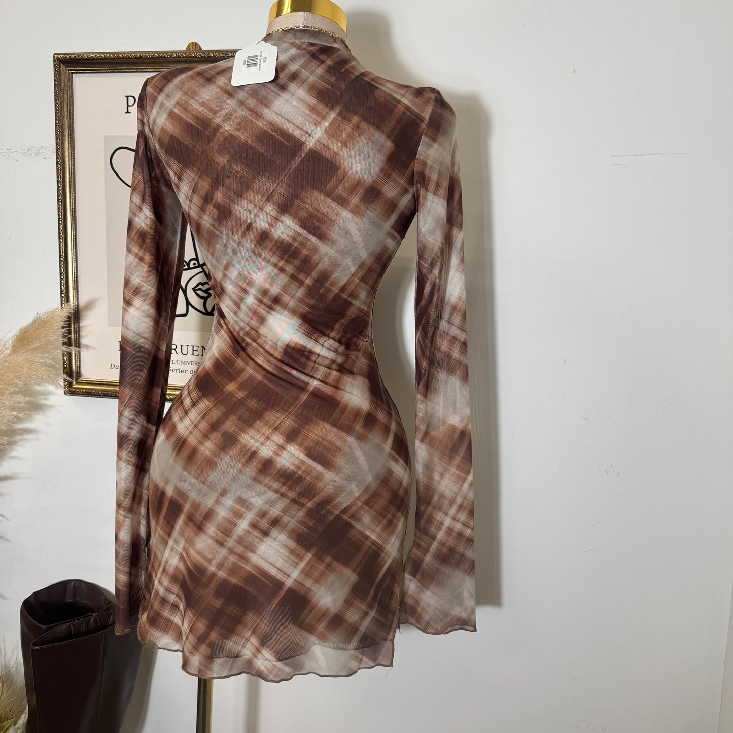 Mesh long sleeve Dress-Brown