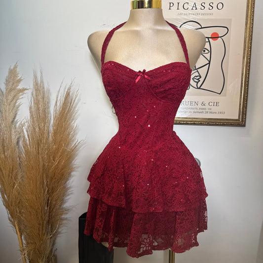 Sequined Halter Mini Dress with Tiered Skirt-Red