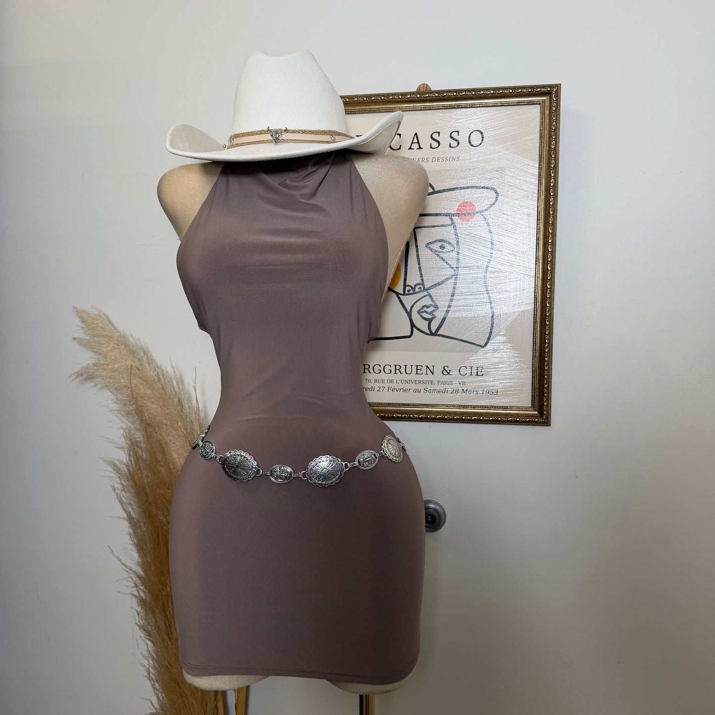 Sleeveless Halter Cowl Neckline Mini Dress-Mocha