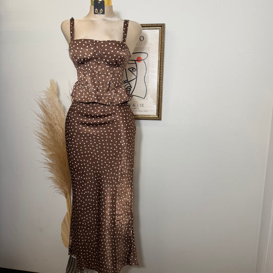 Satin Polka Dot Top and Skirt Set-Brown
