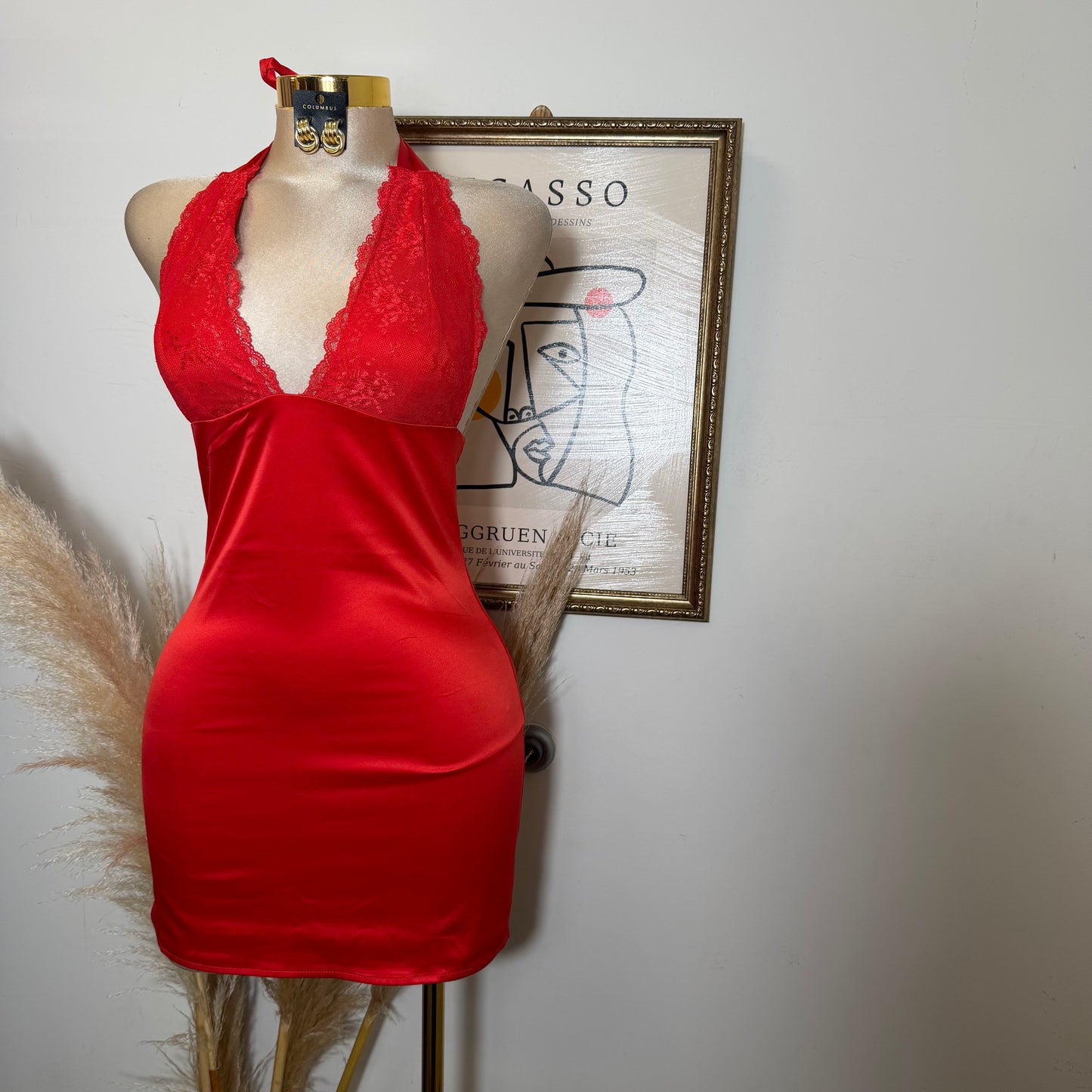 Halter Lace Satin Mini Dress-Red