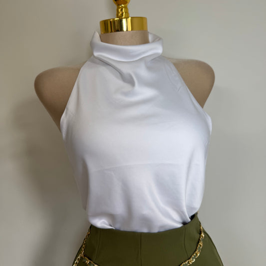 Satin Halter Open Back Top-White