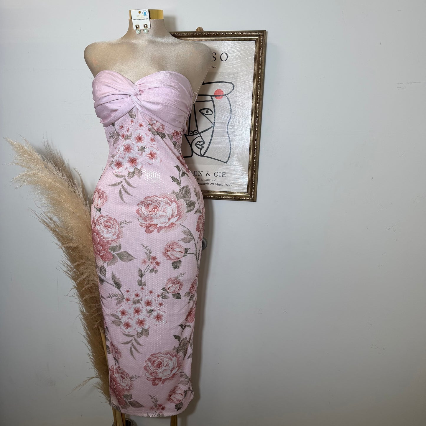 Printed Clear w/ Satin twist bust Midi Dress-Baby Pink