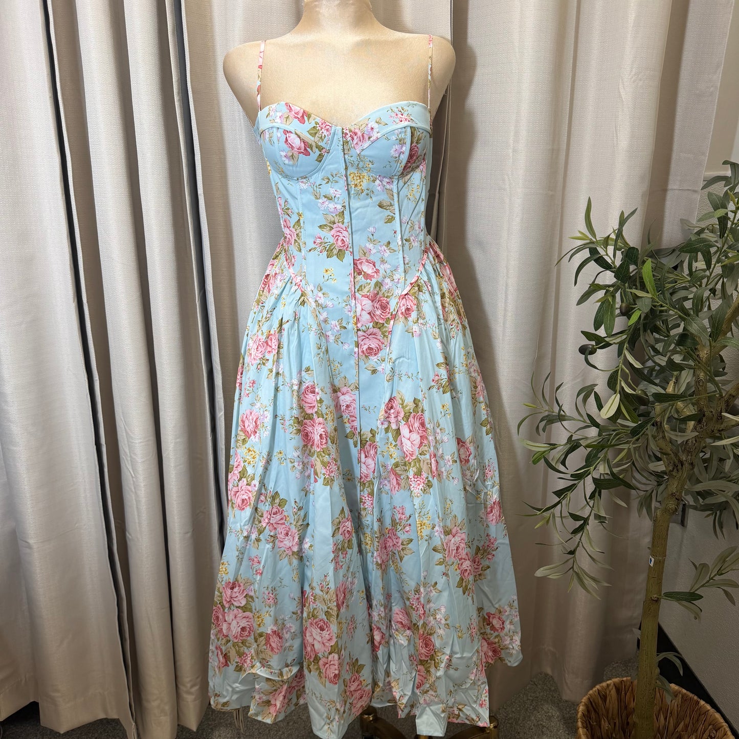 Floral Print Adjustable Straps Loose Maxi Dress-Light blue