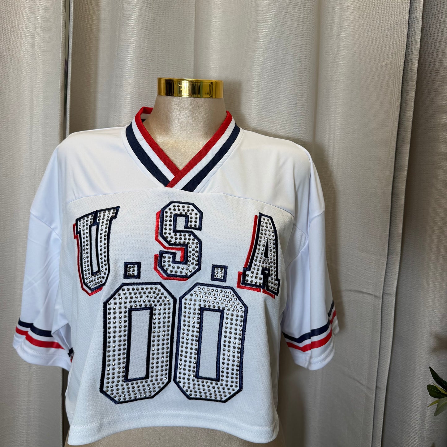 USA Rhinestone Crop Top -White